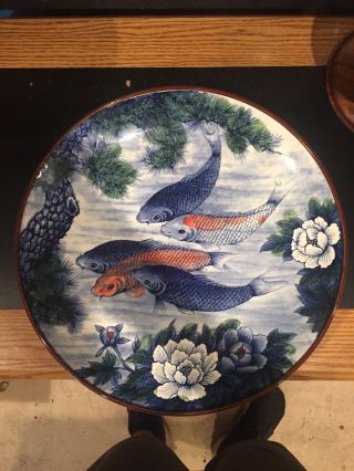 Japanese Sun Ceramics Koi Fish Lotus Decorative Blue Large Platter Plate 16.  5