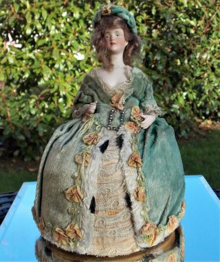 Rare Victorian Hand Painted Porcelain Doll Pin Cushion Real Hair Georgian Dress