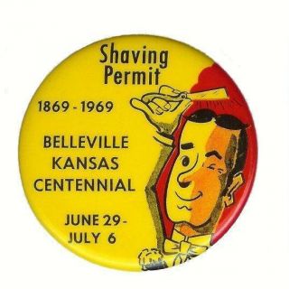 Vintage Metal Pinback Button 1969 Belleville Kansas Centennial Souvenir Shaving