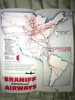 2 VINTAGE BRANIFF AIRWAYS FOLD OUT ROUTE MAP AND SCHEDULE - - 1956 AND 1958 2
