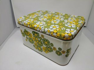 Large Vintage Hinged Tin Metal Bread Box Flowers Flowered Green,  Yellow,  White
