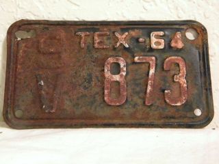 Vtg.  1964 Texas Motorcycle License Plate 9v 873 White / Black