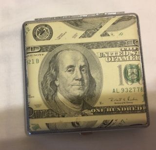 $100 Dollar Bills Design On A Metal Flat Cigarette Case That Snaps To Close