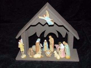 Vtg 1960s Hard Art Plastics Christmas Nativity Set Manger Creche 14pc