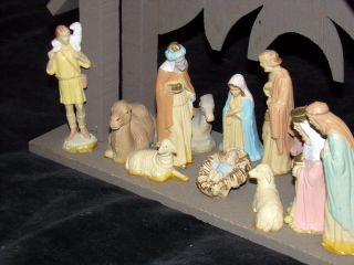 Vtg 1960s Hard Art Plastics Christmas Nativity Set Manger Creche 14pc 3