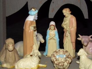 Vtg 1960s Hard Art Plastics Christmas Nativity Set Manger Creche 14pc 4