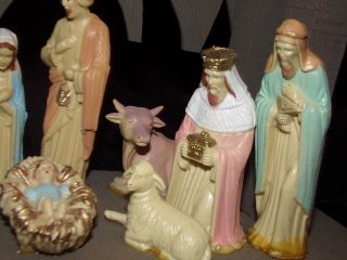 Vtg 1960s Hard Art Plastics Christmas Nativity Set Manger Creche 14pc 5