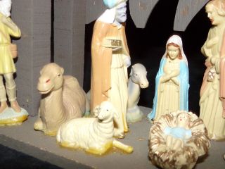 Vtg 1960s Hard Art Plastics Christmas Nativity Set Manger Creche 14pc 6