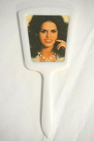 Vintage Hand Held Mirror - Marie Osmond - White Plastic - 70s Bedroom Bath Decor