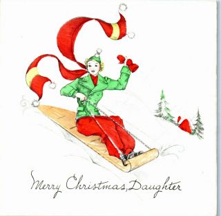 Art Deco Pretty Girl Lady Woman Sledding Snow Day Vtg Christmas Greeting Card