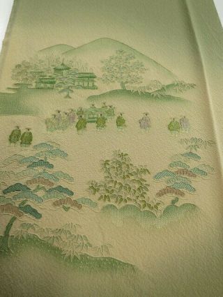 1t05z80 Japanese Kimono Silk Fabric Olive Daimyogyoretsu Embroidery 59.  8 "