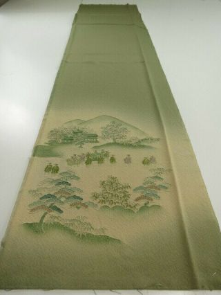 1T05z80 Japanese Kimono Silk FABRIC Olive Daimyogyoretsu Embroidery 59.  8 