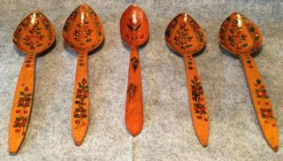 Vintage 5pc Hand Painted Russian Or Polish Large Solid Wood Folk Art Spoons