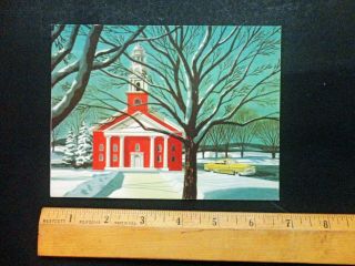RARE VINTAGE MID CENTURY CHRISTMAS CARD SNOW CHURCH CAR BUICK 2
