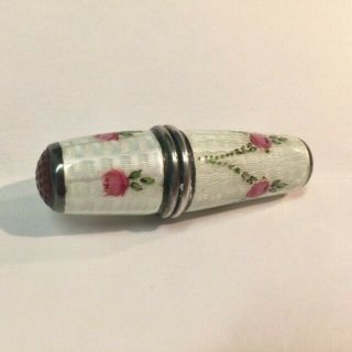Antique Guilloch Silver Enamel Sewing Thread Thimble Case Pink Roses Collectible