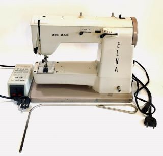 Vintage Elna Automatic Sewing Machine Zig Zag W/ Case And European To Us Adapter