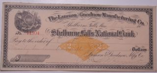 1900 Lamson Goodnow Check 2 C Stamp Shelburne Falls Ma Ephemera C29 - 076