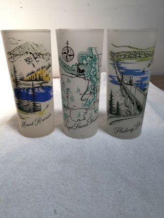 Vintage.  Frosted Washington State Souvenir Glasses.  Set Of 3