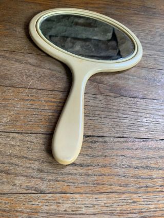 Vintage Bakelite Yellow Hand Held Vanity Dresser Beveled Mirror
