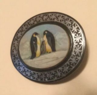 Large Oval Shape Button - Scene Of Penguin Family - Vegetable Ivory
