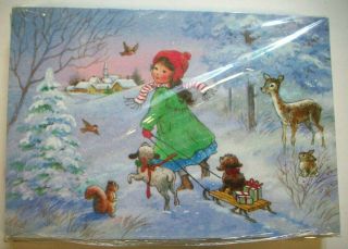 Christmas Cards Of Girl Pulling Sled With Animals And Gifts Unopen Package Of 18