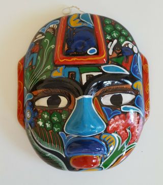 Mexican Folk Art - Glazed Ceramic Multi - Colored Face Mask - Talavera Wall Hanging