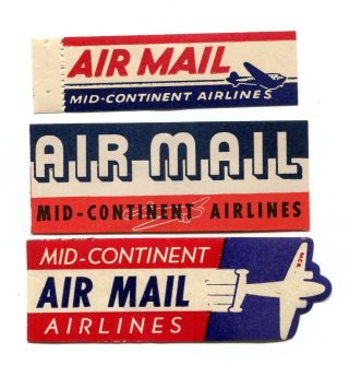 Vintage Airline Luggage Label Mid - Continent Airlines Air Mail Set Of 3 Different