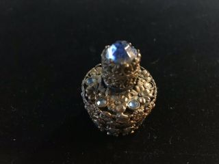 Vintage Irice Czech Glass & Metal Filigree Perfume Bottle With Blue Stones 3