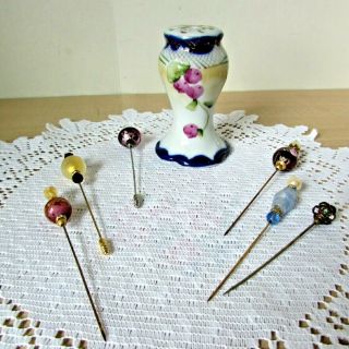 Antique NIPPON HAT PIN HOLDER hand painted,  6 vintage HATPINS 2