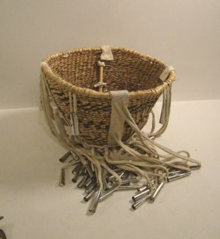 Antique Native American Indian 6 1/2 " Woven Basket With Leather & Jingles Signed