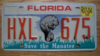 Single Florida License Plate - 2004 - Hxl 675 - Save The Manatee