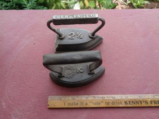 2 Antique Cast Iron Salesman Sample Toy Sad Irons A K & Sons 2 & Geneva 2 1/2