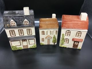 1980 Vintage Otagiri Handpainted Detailed Houses Canister Set Of 3 With Lids
