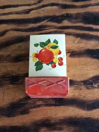 Vintage 1940s Metal Match Box Holder Wall - Mount Tin Dispenser Red Apples Cherry