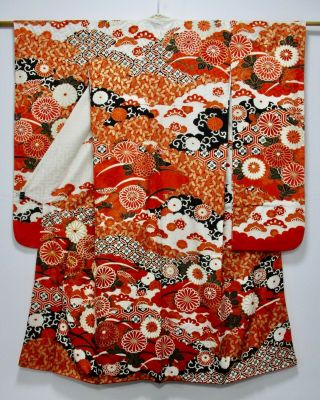 Japanese Kimono Silk Furisode / Gorgeous Flower Pattern / Silk Fabric /379