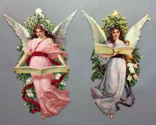 2 Embossed Victorian Angels Die Cut Scrap 4 1/4 - In Christmas Tree Antique