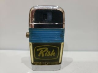" Risk " Logo Vintage Scripto Vu Lighter,  Blue & Silver,  Made Usa
