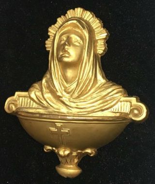 Antique Brass Metal Holy Water Font Mother Mary Heavy Unmarked