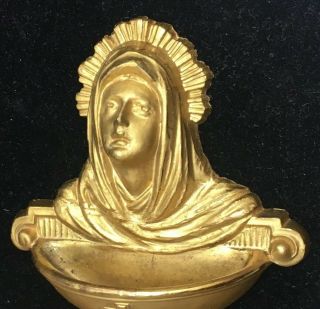 Antique Brass Metal Holy Water Font Mother Mary Heavy Unmarked 2