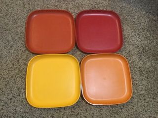 Vintage Tupperware 8” Square Plates.  Orange,  Yellow,  Rust,  Red.