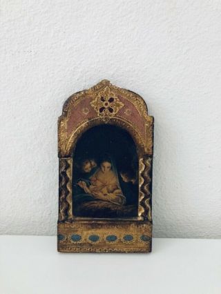 Antique Made In Italy Wood Carved Gold Gilt Florentine Madonna And Child Print