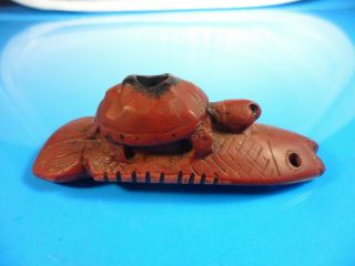 Carved Catlinite Fish And Turtle Effigy Pipe