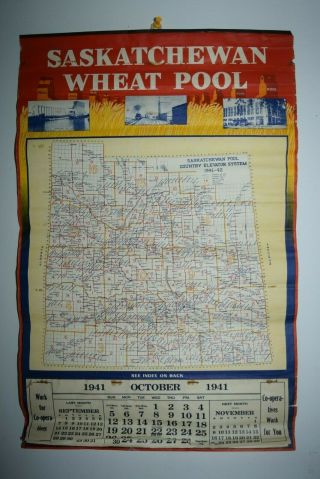 Antique 1941 Saskatchewan Wheat Pool Elevator Map Calendar Ww2 Grain Farm