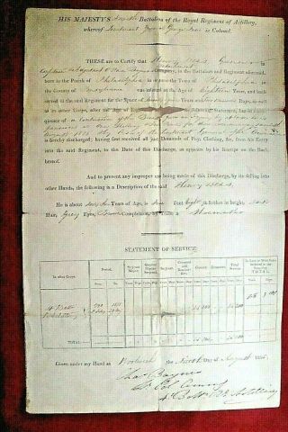 1815 Military Document - Discharge Of Gunner Henry Deas - Lt.  Col.  Chas.  Baynes