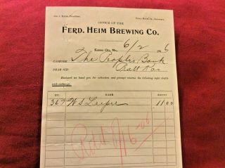 6.  10b 1906 Ferd Heim Brewing Co Kansas City Mo Jos J Beer Paper Sign Letterhead