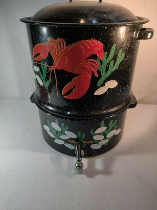 Vintage Speckled Enamel Steamed Lobster Clam Broth Black Double Pot Steamer