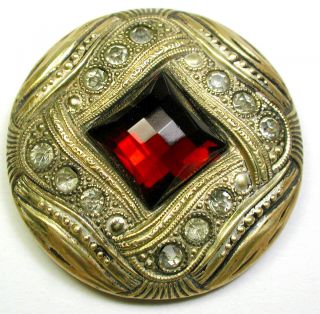 Antique Button Lg Size Jewel Gay 90s W Faceted Square Ruby Glass & Paste 1 & 5/8