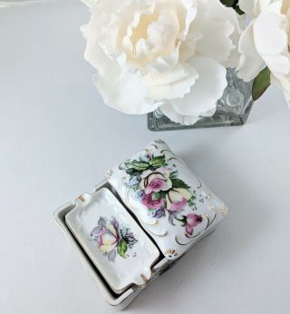 Vintage Porcelain Cigarette Floral Box And Holder With Two Personal Ashtrays