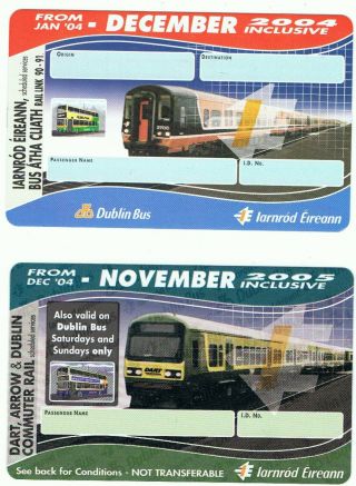 Railway Bus Tickets Ireland,  2 No Irish Rail /dublin Bus,  Annual Seasons,  2004/5