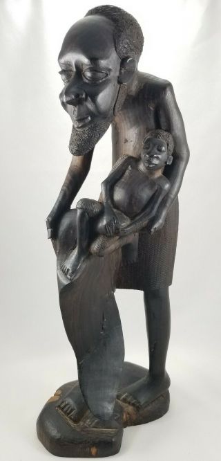 African Tribal Man With Child Hand Carved Ebony Wood Detailed Statue
